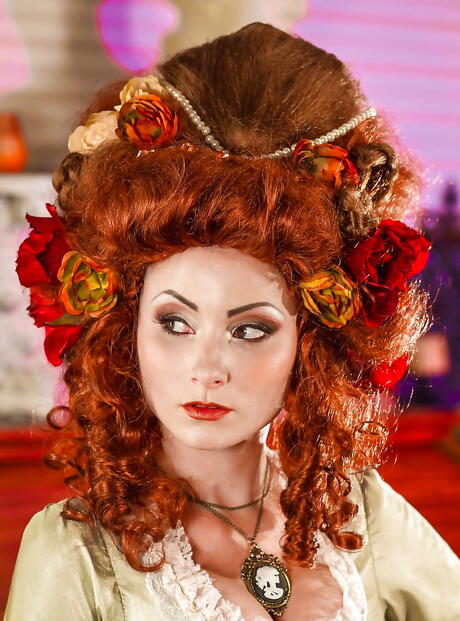 Sexy american red-haired wife Veruca James in cosplay clothing bares her ass and spreads her legs 