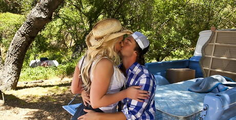 Curious american Phoenix Marie in hot underwear drilled in her bald pussy after good suck outside